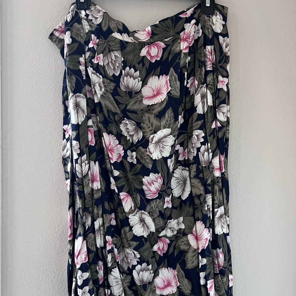 Navy with floral print calf length skirt